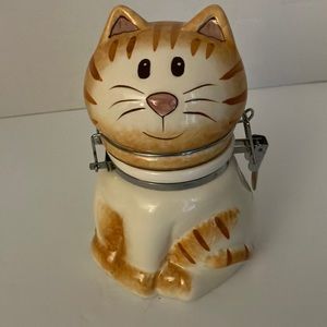 Boston Warehouse handpainted kitten shape hinge cannister jar, orange tabby cat